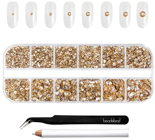Beadsland 2500pcs Strassstein Set gemischt, 8 Größen, Flatback Edelsteine, runde Kristall Strasssteine zum Basteln mit Pinzette und Stift (Goldener Champagner)