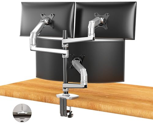 Ergounion Monitor Halterung 3 Monitore für 13-40 Zoll Flach & Curved Bildschirm, Einstellbare VESA Tischhalterung für 3 Monitore Höhenverstellbar, 11 kg pro Arm, 75x75 und 100x100 mm, Silber