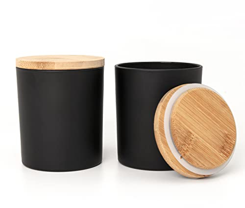 R FLORY 7 + 7 OZ Glas-Gläser 2 Stück dicke Glas-Kerzengläser mit Bambusdeckel Badezimmer-Behälter Waschtisch-Wattestäbchen-Aufbewahrung (Mattschwarz)