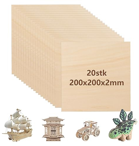 20 pezzi di legno di tiglio 200 x 200 x 2 mm compensato 2 mm legno di tiglio 2 mm assi di legno pannelli di compensato pannello di legno A4 pannelli di compensato per artigianato fai da te, modello