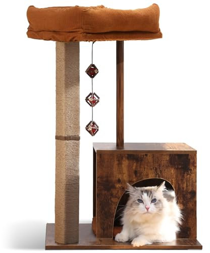 FUKUMARU Kratzbaum, 86 cm hoher Kratzbaum, mit Juteseil-Kratzpfosten und Hängematte, Katzenbaum mit Silvervine Kauspielzeug, Katzenhaus für Indoor-Katzen, Retro-Stil