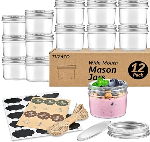TUZAZO 4 oz Mini Mason Jars with Lids 12 Pack, 4oz Small Glass Mason Canning Jars for Jam Jelly Yogurt Dessert, Shower Wedding Favors Decor