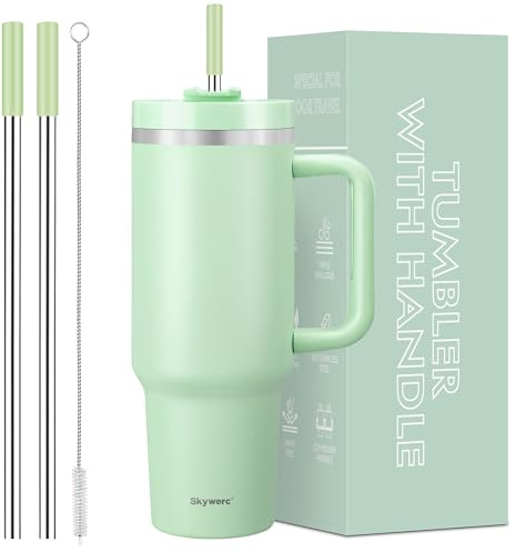 Skywerc Vaso de 40 onzas con asa y popote, tapa 2 en 1, botella de agua de doble pared de acero inoxidable con aislamiento al vacío, regalo de vacaciones para mujeres y hombres, color verde claro