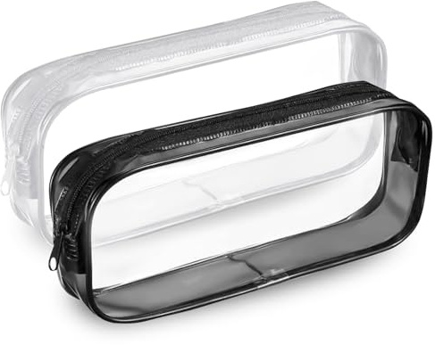 AWAVM 2PCS Large Clear Pencil Case White Black, Make Up Travel Bag, Portable PVC Pouch Organizer for Students, Exam, Office, Art, School Supplies, Women, Girls, Boys, Cosmetic Toiletry Bag