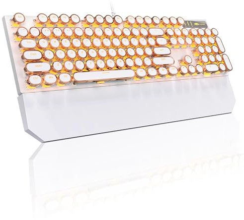 MageGee Clavier de jeu mécanique rétro doré punk rétroéclairé à DEL pour ordinateur portable, Mac, PC, joueur, avec repose-poignet magnétique, interrupteur bleu