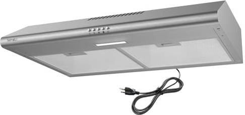 Hermitlux Under Cabinet Range Hood, 30 inch Vent Hood With 3 Speed Exhaust Fan, Ducted And Ductless Convertible, LED Bright Light Bulbs and Charcoal Filter, Stainless Steel Filter, Stainless Steel