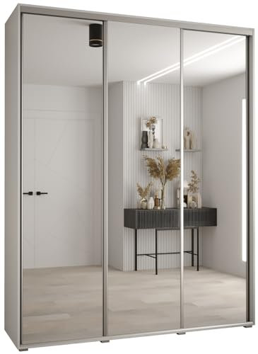 ABIKSMEBLE Cannes 2 Armoire Moderne à 3 Portes Coulissantes avec Barre, Étagères et Miroir - Armoire de Rangement pour Chambre, Salon - 205,2x200x45 cm - Blanc Blanc Argent