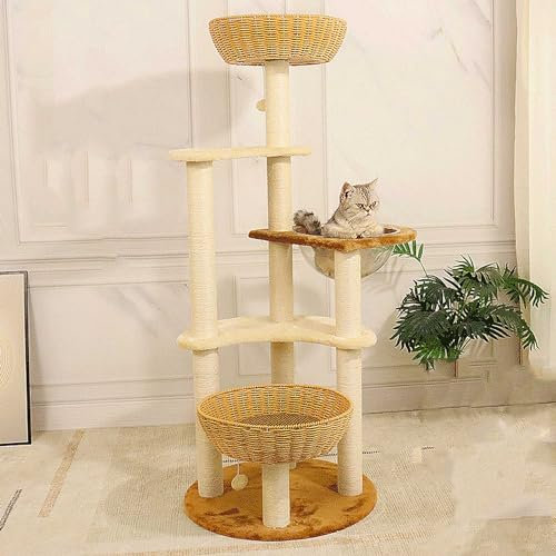 Torre de árbol para gatos de 141 cm, postes rascadores, casa de escalada para gatos de varios niveles con escalera, centro de actividades para gatos de interior, juguetes de pelota muebles de interior