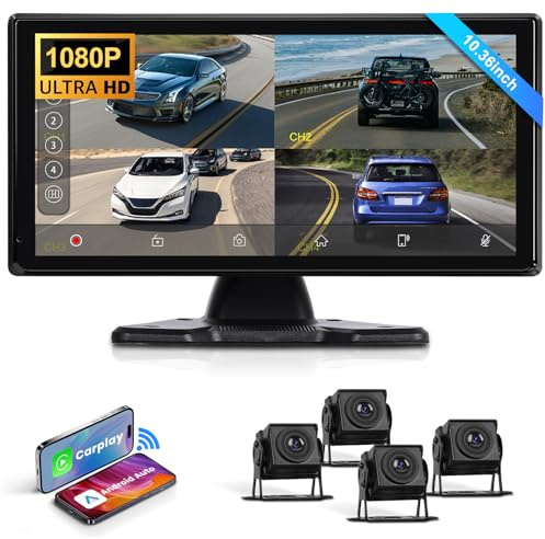 Hodozzy RV 4 Rückfahrkamera System mit Drahtloses Carplay Android Auto, 10.36 Zoll IPS Bluetooth Touchcreen, 1080P DVR mit USB/TF Karte, IP68 Wasserdicht Nachtsicht für RV LKW Anhänger Bus Camper