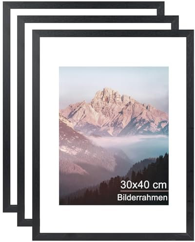 OMISHE Confezione da 3 cornici in legno massello 30 x 40 cm, cornice 30 x 40 cm, 30 x 40 cm, con passepartout da 21,5 x 28 cm, con custodia in plastica, cornice in legno, 30 x 40 cm, da appendere