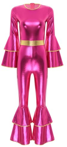 Aislor Damen Metallic Jumpsuit 70er 80er Disco Kleidung Flare Ärmel Lang Bodysuit Overall Einteiler Schlaghose Disco Kostüm Karneval Party