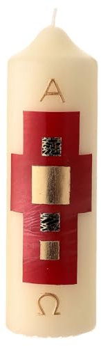 Weisse Osterkerze mit Kreuz in modernem Stil, rot mit goldfarbenen Quadraten, 16,5x5 cm