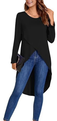 YOUNIFIZ Long Tops for Womens UK Leggings Tunic Casual Front Split Crewneck 2025 Summer Long Sleeve Blouse Black