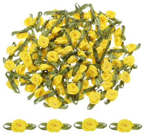 QUARKZMAN 100Pz Mini Rose Finte Gialle 1.5x3cm Fiori Artificiali Mini Rose Nastro Fiori Finti per Decorazioni per Artigianato Piccole in Raso Fiocchi