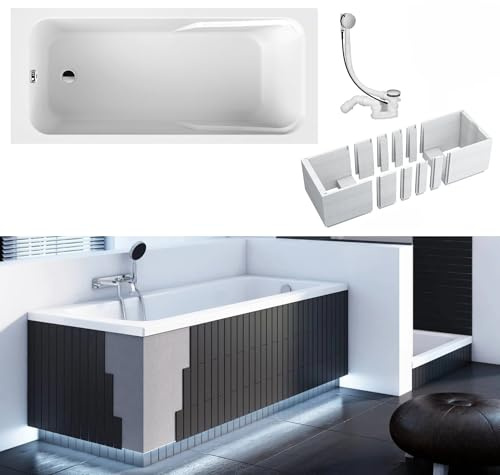 VBChome Badewanne 170 x 70 cm Weiß Acryl Wannenträger Platz für LED-Beleuchtung Styroporträger Siphon Wanne Rechteck Design Modern Ablaufgarnitur in Chrom