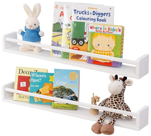 Gieanoo Estantería para libros de guardería, juego de 2 estantes flotantes blancos de madera maciza natural de 80 cm, estantería para habitación de los niños, montado en la pared, estantes flotantes