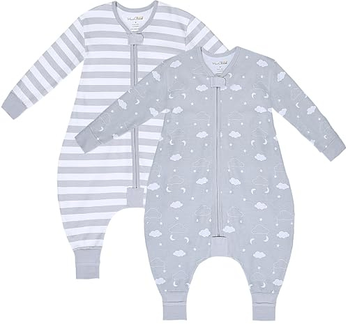 Mama Cheetah Toddler - Sacco a pelo con piedi, a maniche lunghe, 0,5 TOG, in cotone biologico, con gambe, per escursionisti, cerniera a 2 vie, coperta per bambini, 2T, 0,5 TOG nuvole/strisce con
