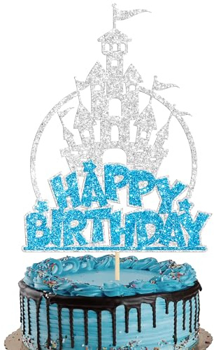 Gyufise 1Pcs Frozen Castle Birthday Cake Topper Glitter Princess Cake Decoration Snowflake Frozen Theme Castle Cake Topper for Winter Wonderland Christmas Party Supplies Blue Silver