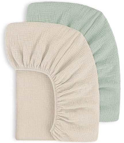 Susurration 100% Baumwolle Musselin-Spannbettlaken 2er Set Kinder Spannbettlaken,Baby-Bettlaken Reisebett Spannlaken Beistellbett Leintücher 60x120/70x140cm (Salbei Creme)