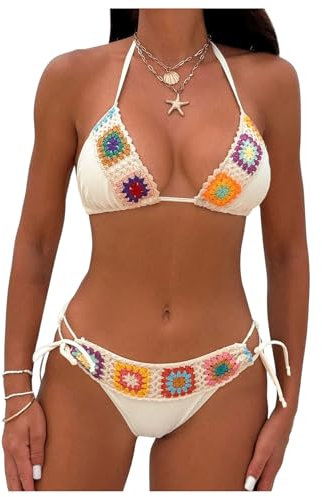 GORGLITTER Bikini Damen Set Mit Blumen Bunt High Waist Boho Neckholder Mit Stickerei Zweiteiler Badeanzug Bademode