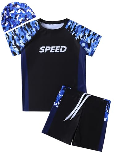 Hotfiary Boys Swimming Costume Rash Guard & Trunk & Cap, Black Camo, 10-11Y