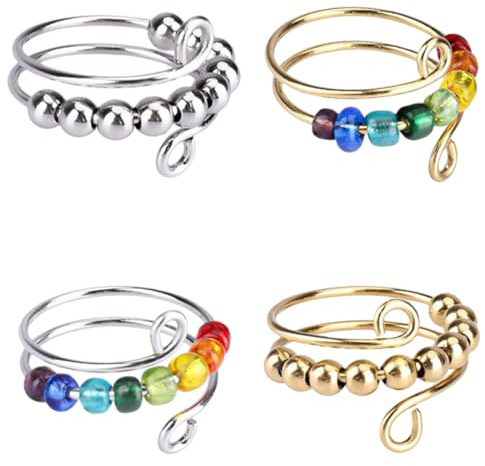 LAJUP Pack De 4 Anneaux De Compétences, Anneau Tdah, Ensemble De Compétences Anti-Stress Pour Adultes, Jouets Fidget,Bague Reglable Femme,Bague D'Anxiété Pour Filles Et Femmes