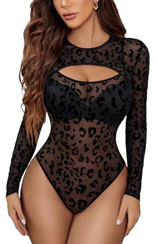 Avidlove Body sexy para mujer con top de malla manga larga elegante blusa ideal para festivales con curvas transparente Leopardo S