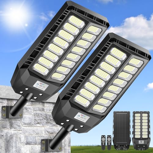 Adewalk 800W*2 Lampione Solare Led Esterno con Telecomando, IP66 Impermeabile Lampada Stradale Solare con Sensore di Movimento, 6500K Super Bright Lampioni da Giardino Esterno Solari per Garage