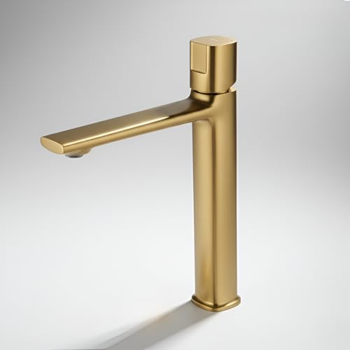 MayCon FARON Mitigeur Vasque Haut pour Vasque à Poser, Robinet Lavabo Salle de Bain en Laiton Massif, Cartouche Céramique, Finition PVD Doré Brossé, Monocommande, Flexibles 60 cm Inclus