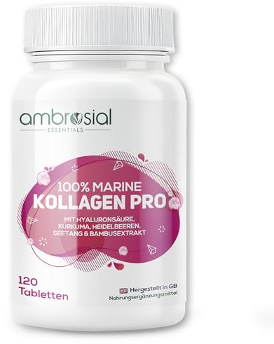 Ambrosial 100% Marine Collagen Pro mit Hyaluronsäure, Kurkuma Blaubeere, Seetang und Bambusextrak, Vitamin C, Biotin - Kollagen Komplex Tabletten - Alternative zu collagen Kapseln - 120 Tabletten