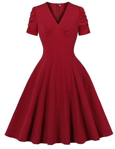 Wellwits Women's Ruched Sleeves Vintage Cocktail Dress | Stretchy Fabric, Simple Elegant,Solid,1940s,1950s