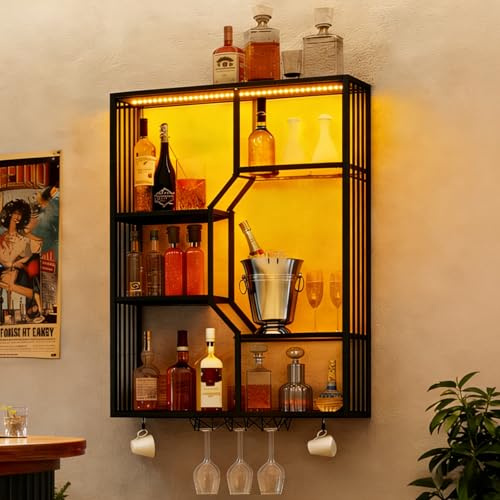 YOURLITE Étagère à Vin Mural Bar avec LED,Porte-Bouteilles Mural Industriel
