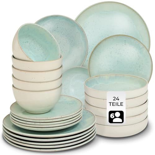 tectake® Vajilla Completa para 6 Personas, Diseño Marítimo, Aptas para Lavavajillas y Microondas, Platos Vajilla, Cuencos y Tazas de Cafe, Vajillas Completas Modernas - 24 Piezas Menta