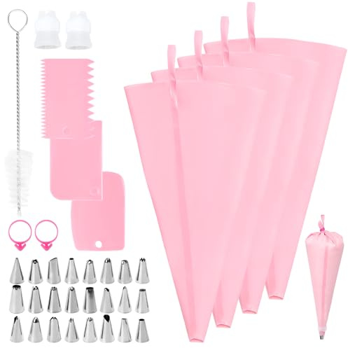 Piping Bags and Nozzles Set, 36 PCS Icing Piping Kit, 4 Reusable Silicone Pastry Bags, 24 Stainless Steel Nozzles, Cake Scrapers, Couplers, Bag Ties and Cleaning Brush for Cake Decorating