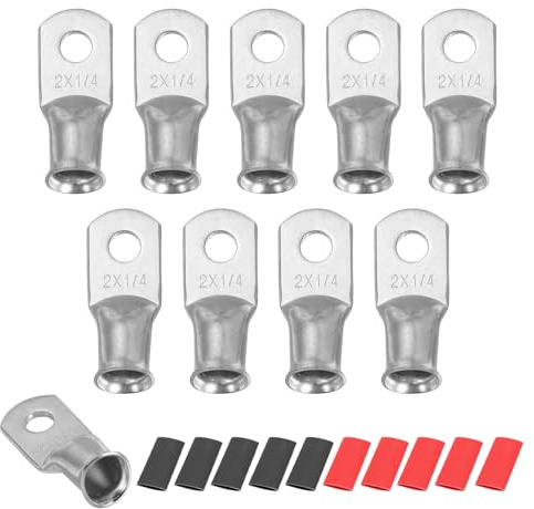 sourcing map 10 capicorda per batteria M6 da 2 AWG, terminali ad anello da 6 mm, terminali a crimpare in rame, tubi termorestringenti 2:1, argento