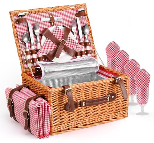 Cestino Picnic, Cesto Picnic Vimini con Scomparto Termico,Cestino Vimini con Coperta Impermeabile e Set di Posate, Set Pic Nic 4 Persone per Campeggio, Cestino Pic Nic (Rosa)