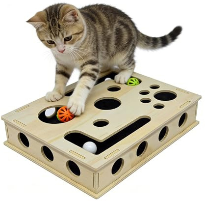 GROHPF Caja de enriquecimiento para uñas de gato, 30 x 25 cm, cajas de estimulación mental con 3 bolas, rompecabezas de madera para gatos, cajas de juguetes interactivas para gatos domésticos
