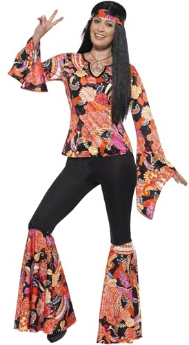 Smiffys - Damen Hippie Kostüm, Oberteil, Hose, Kopftuch und Medaillon, mehrfarbig Halloween