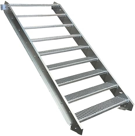 SRM Design 9 Stufen Stahltreppe mit beidseitigem Geländer Breite 90 cm Geschosshöhe 135-180 cm robuste Außentreppe Geschosstreppe Wangentreppe stabile Industrietreppe für den Innen- und Außenbereich
