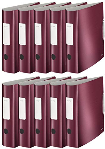 Leitz Qualitäts-Ordner 180° Active Style in gebürsteter Alu-Optik, A4, Runder Rücken, 8,2 cm Breite, Gummibandverschluss (10er Pack, Granat-Rot)