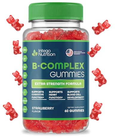 INTEGO NUTRITION Vitamin B Complex Gummies for Adults, B Complex Vitamin Supplement for Women and Men, B Vitamins Complex Gummies for Energy and Brain Health, Natural Strawberry Flavor, 60 Count