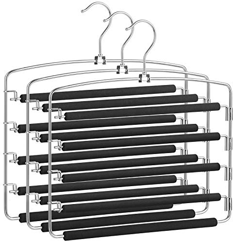 SONGMICS Trouser Hanger, Set of 3 Metal Clothes Hangers, Multiple Levels, Space Saving, Stable with Non-Slip Bars, Swivel for Jeans, Trousers, Ties, Belts CRI041BK