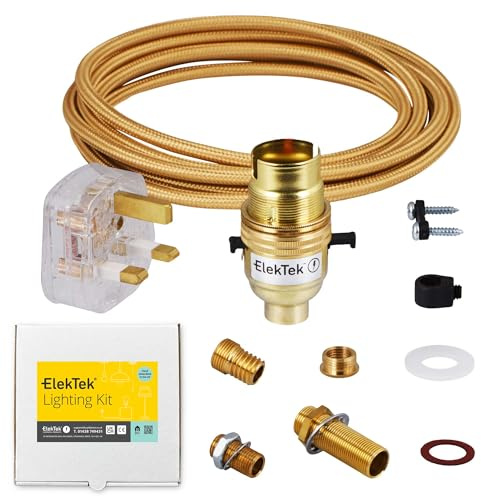 Kit de lámpara Premium latón interruptor de seguridad B22 soporte de lámpara con redondo oro Flex y enchufe 3A Reino Unido