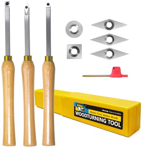 Mini Carbide Tipped Wood Lathe Turning tools Combo set Rougher Detailer Finisher with Wood Handle and Diamond Round Square Carbide Inserts，3pcs