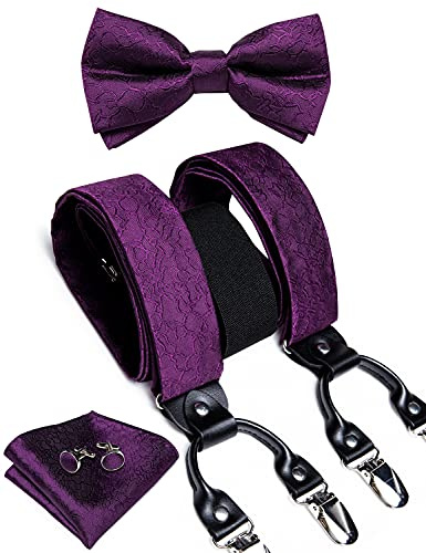 DiBanGu Mens Purple Suspenders and Bow Tie Pocket Square Cufflinks Set Designer Y-shape Adjustable Brace with Clip