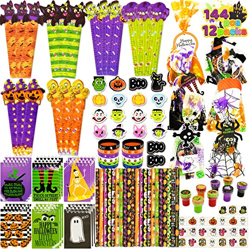 JOYIN 12 Stück vorverpackte Halloween-Schreibwaren-Sets für Kinder inklusive Halloween Notizblöcke, Bleistifte, Lineale, Aufkleber und Radiergummis, für Halloween Süßes oder Saures, Party Geschenk-Set