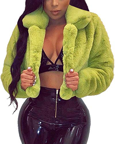 Onsoyours Damen Mantel Winter Elegant Warm Revers Faux Fur Lose Langarm Outwear Winterjacke Mode Kurz Coat Einfarbige Wintermantel für Frauen A Grün M