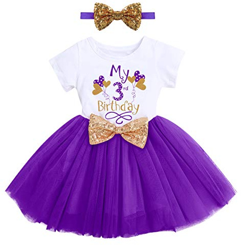 Toddler Kids Girls My 3rd Third Birthday Tutu Dress Cake Smash Outfit Summer Short Sleeve Cotton A-line Tulle Princess Skirt Sequin Bowknot Headband 2pcs Set Party Photo Shooting Purple Balloon 3Y