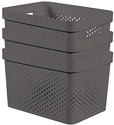 CURVER Infinity Dots Set of 3 Storage Baskets, 100% Recycled Plastic, Multi-Functional & Easy to Carry, 17 Litres, Grey