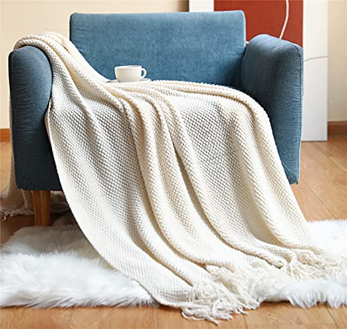Hayisugal Wohndecke Weich Strick Wolldecke Quaste Boho Decke Kuscheldecke Sofadecke überwurf Decke für Couch Bett Sofa Stuhl, Beige, 130 x 150cm